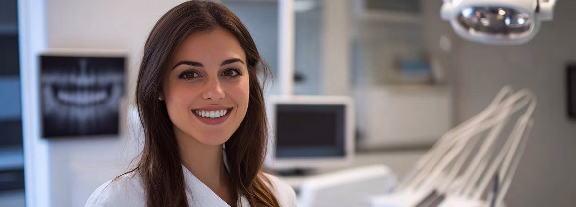 Smiling dentist in a modern treatment room with a dental X-ray on screen